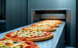 Pizzas on a conveyor belt entering a freezer